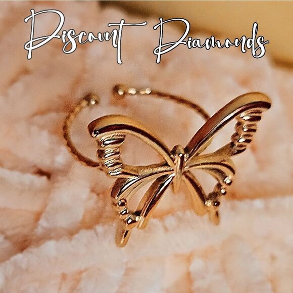 14K Yellow Gold One Size Fits All Butterfly Ring Stainless Steel - Picture 8 of 11